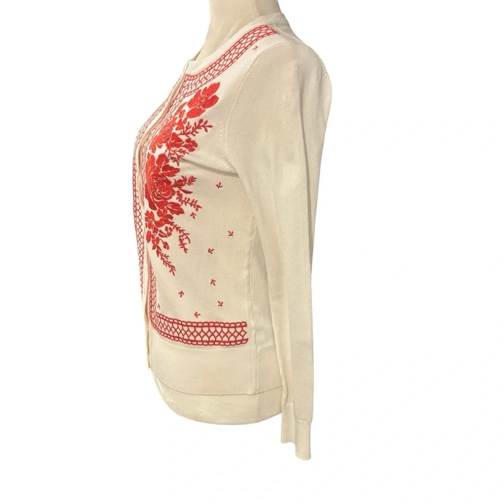 Charter Club White with Red Floral Embroidery Button up Sweater Small